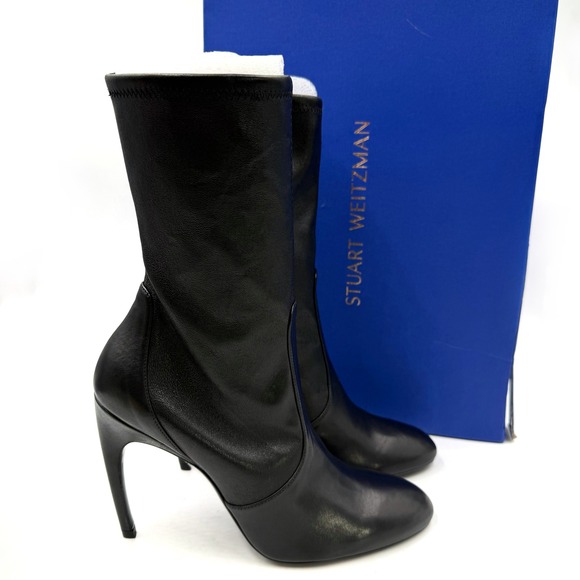 Stuart Weitzman LuxeCurve 100 Sock Boot Black Leather Heels Sz 11 B